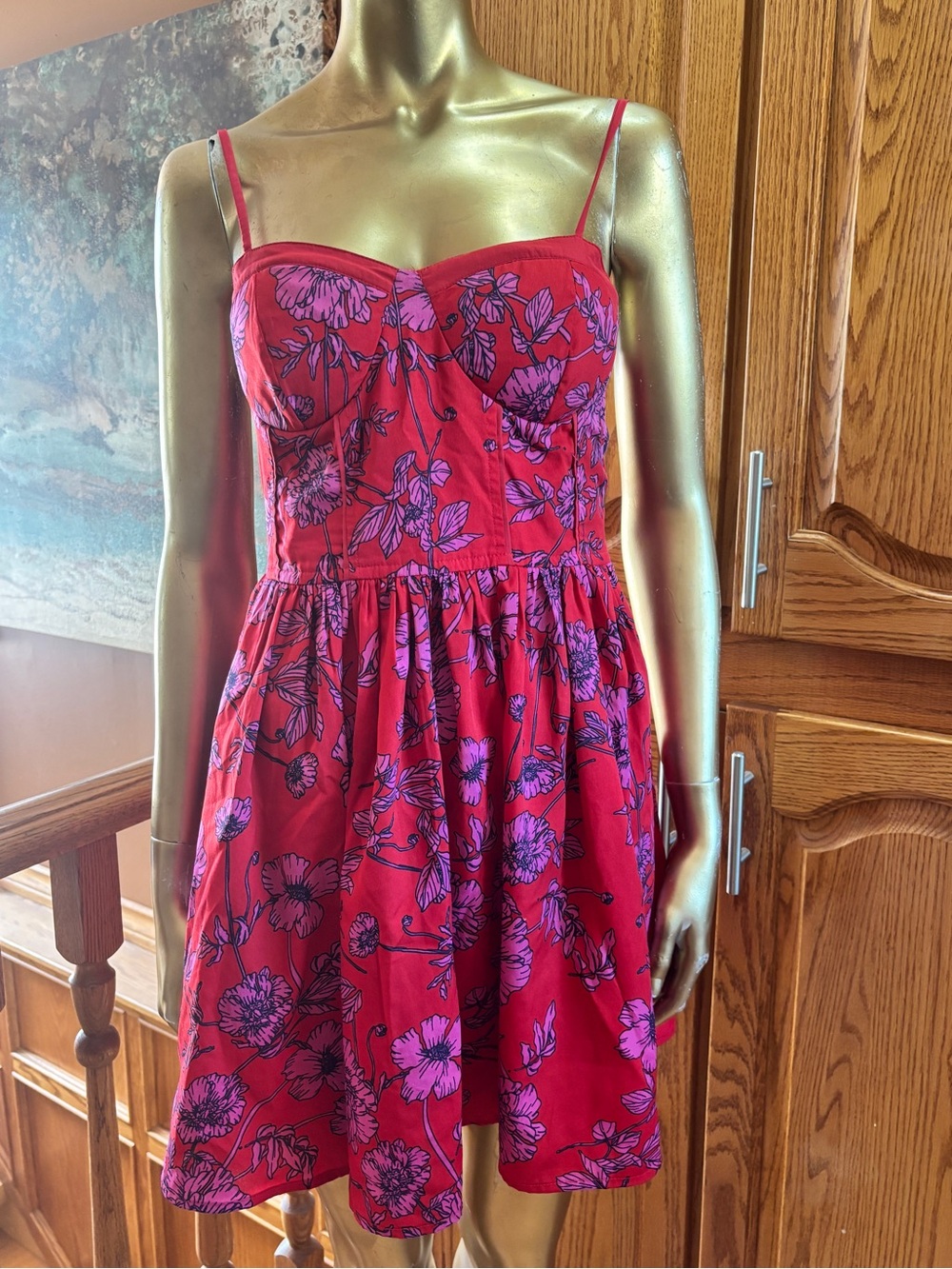 Red Floral Mini Dress with Pink Print and Spaghetti Straps